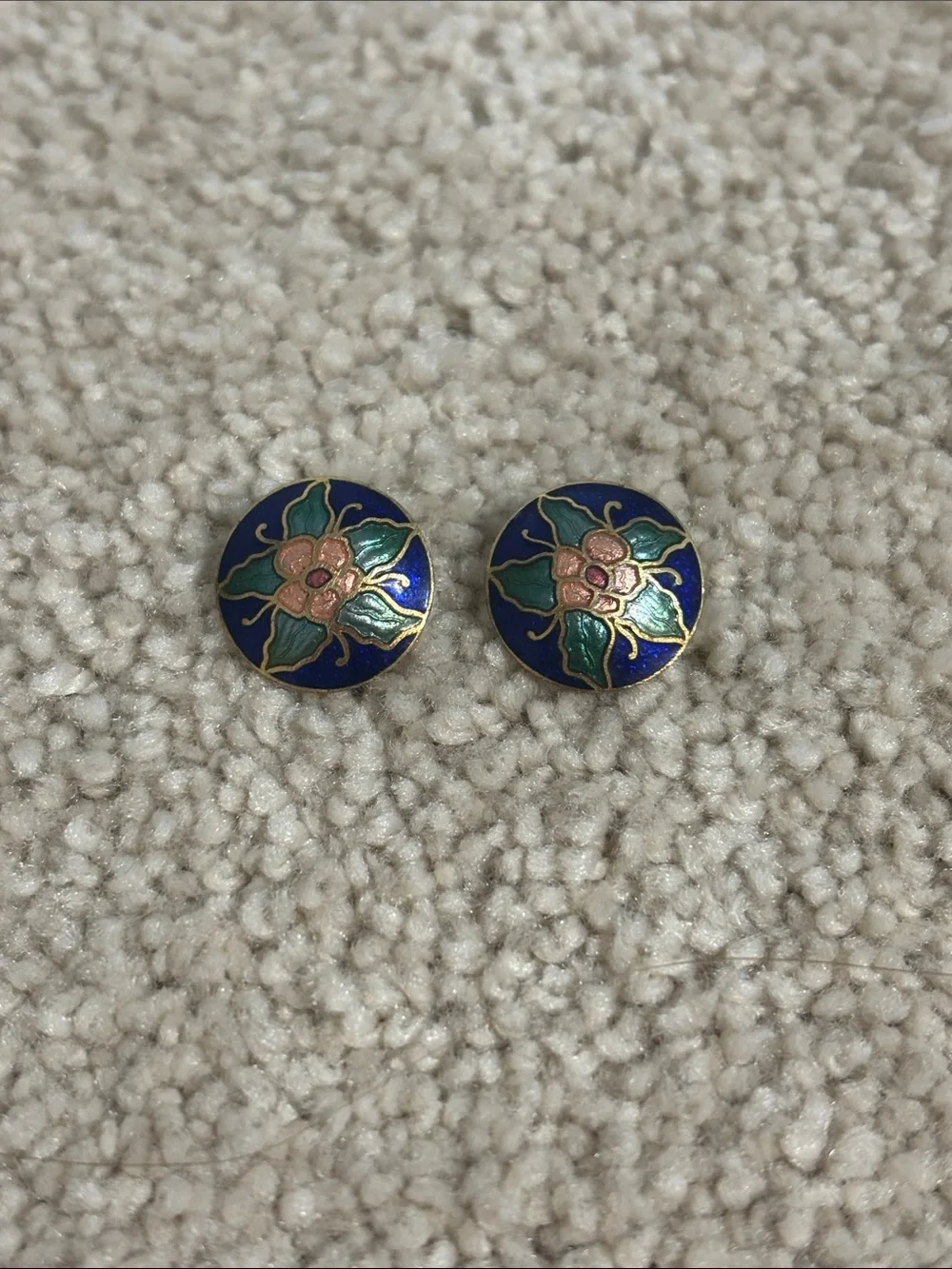 Vintage Enamel Floral Button Earrings in Blue and Green
